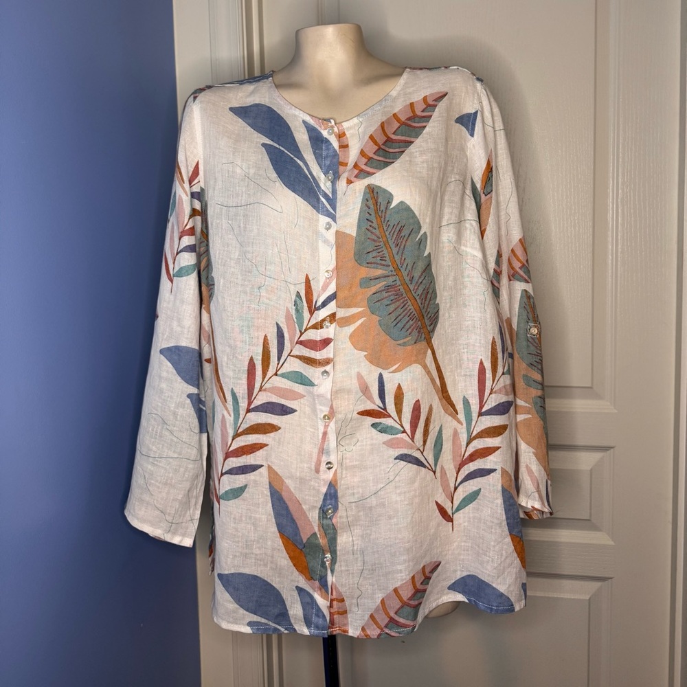 Cynthia Rowley 100% Linen Multicolor Leaf Print Blouse 1X